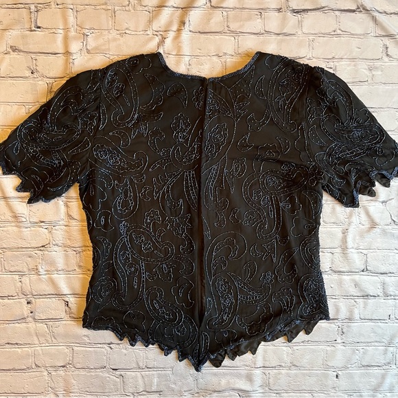 Laurence Kazar Vintage Silk Beaded Womens Top 1X Black - Picture 2 of 10